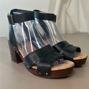 Korks Mia Black Leather Ankle-Strap Wood Platform Chunky Comfy Sandals Womens 7
